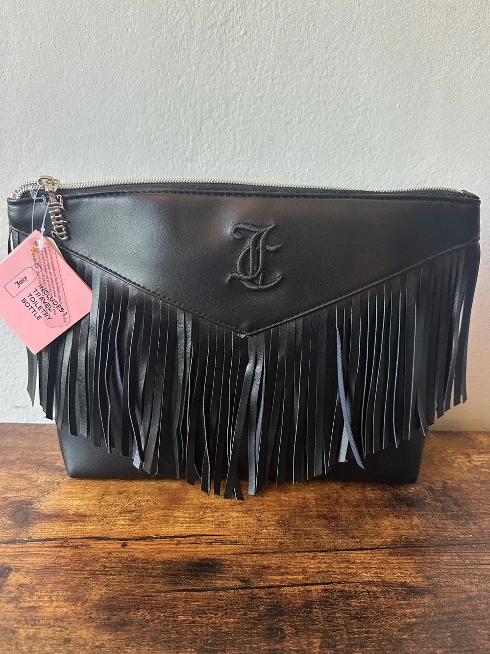 Juicy Couture Black Fringe Cosmetic Bag with Embroidered Logo Juicy Zipper NWT